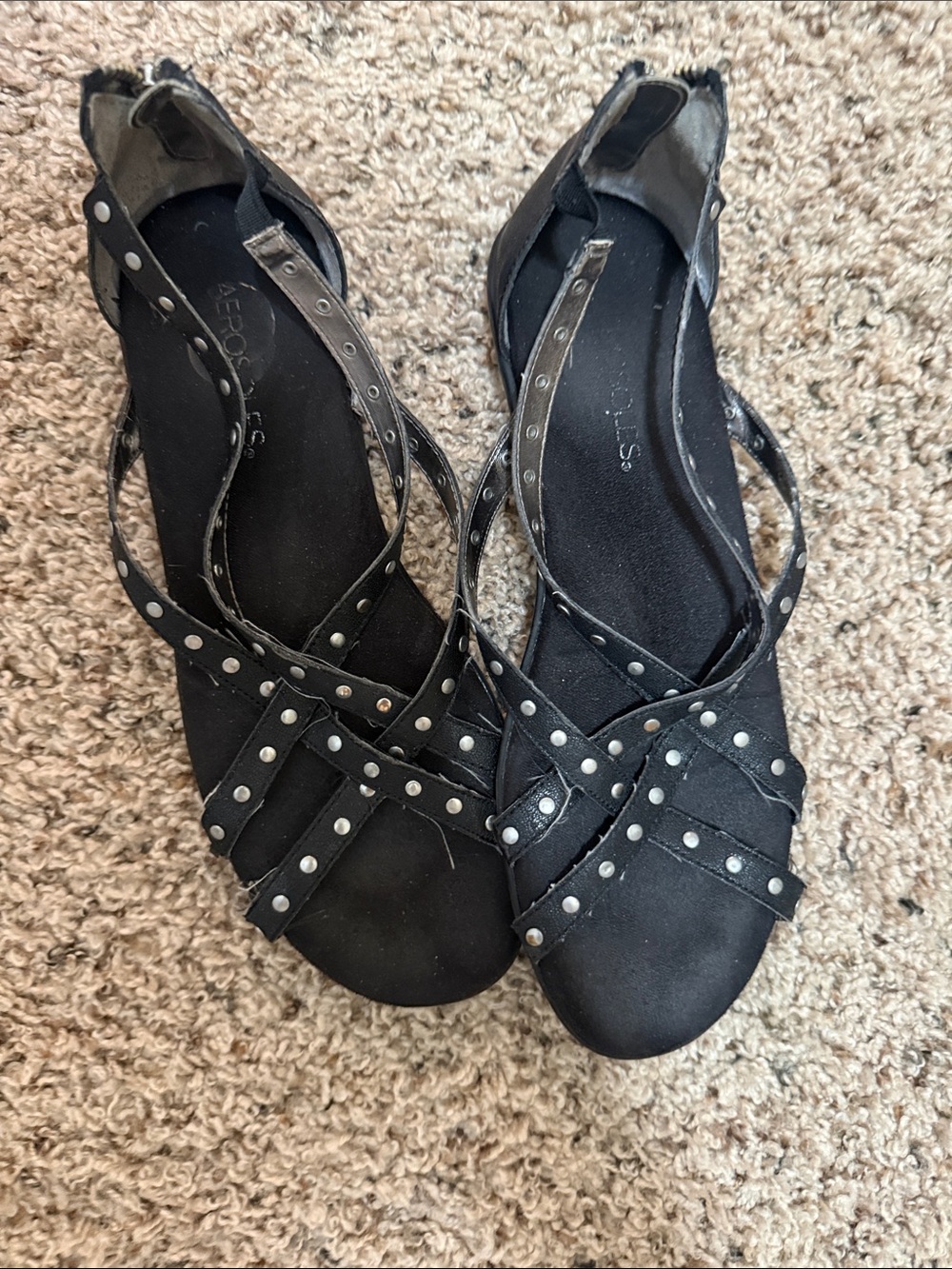 AEROSOLES Black Studded Crisscross Ankle-Strap Sandals